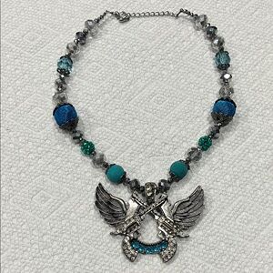 Blue and Teal Beaded Winged Pendant Necklace